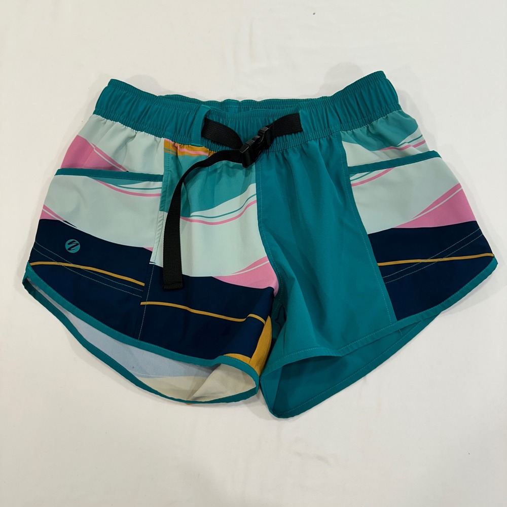 Nani Active Hybrid Board Shorts Womens XS Teal Pink Abstract Belted | Gorpcore
